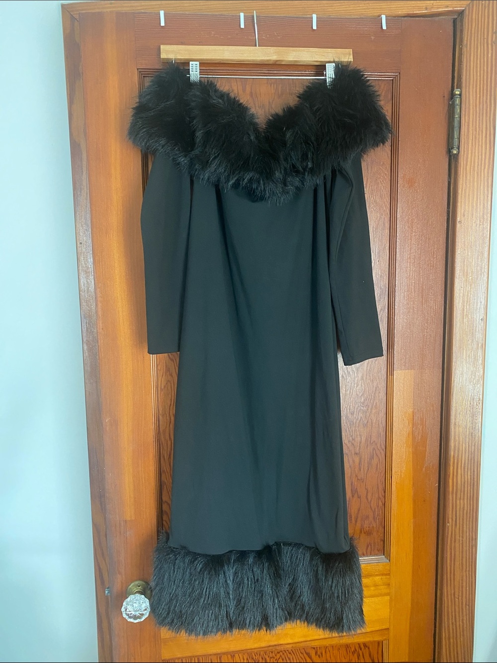 Black Off The Shoulder Faux Fur Bodycon Midi Dress